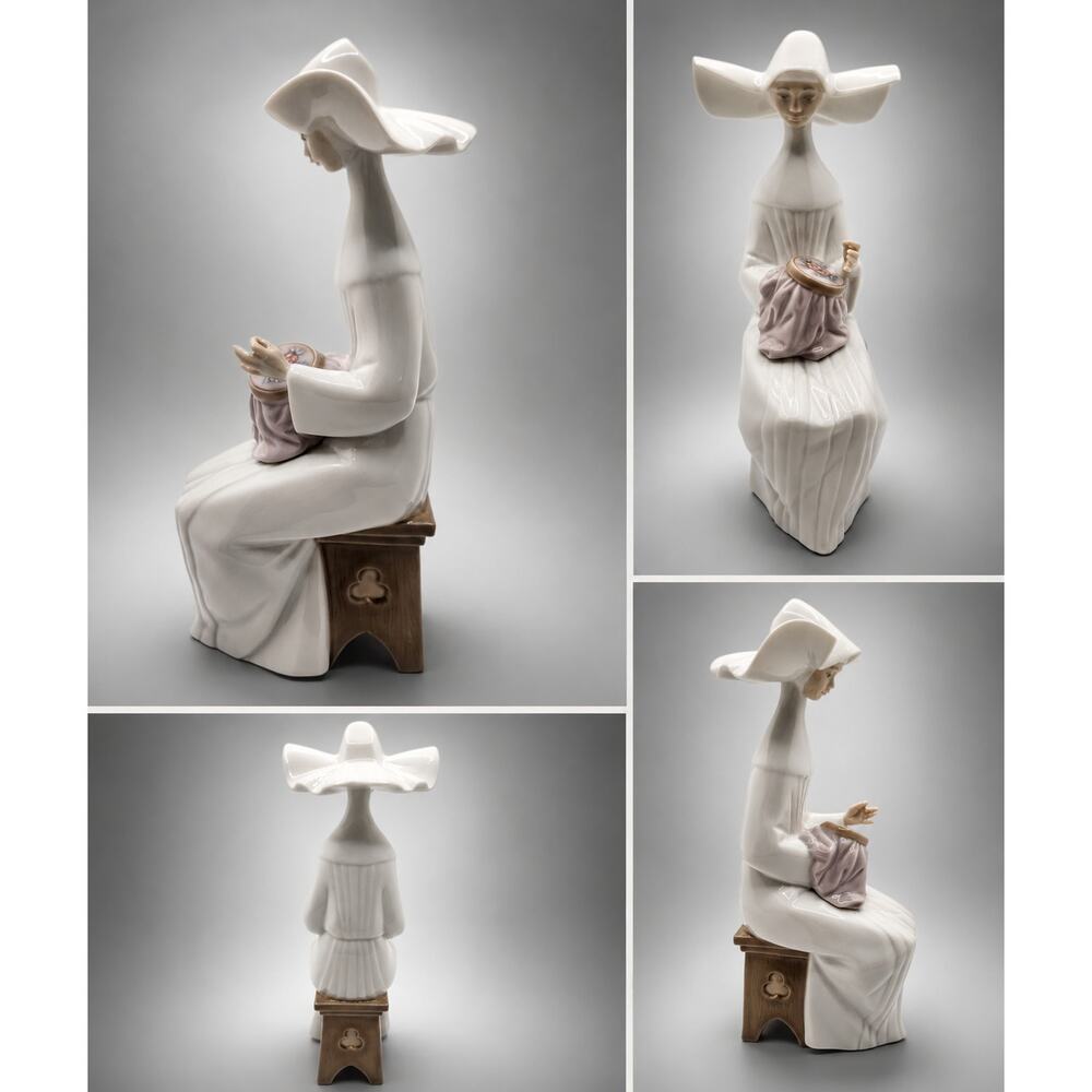 Lladro Daisa 1987 Porcelain Nun Sewing Figurine White Habit Spain Hand Made 10”